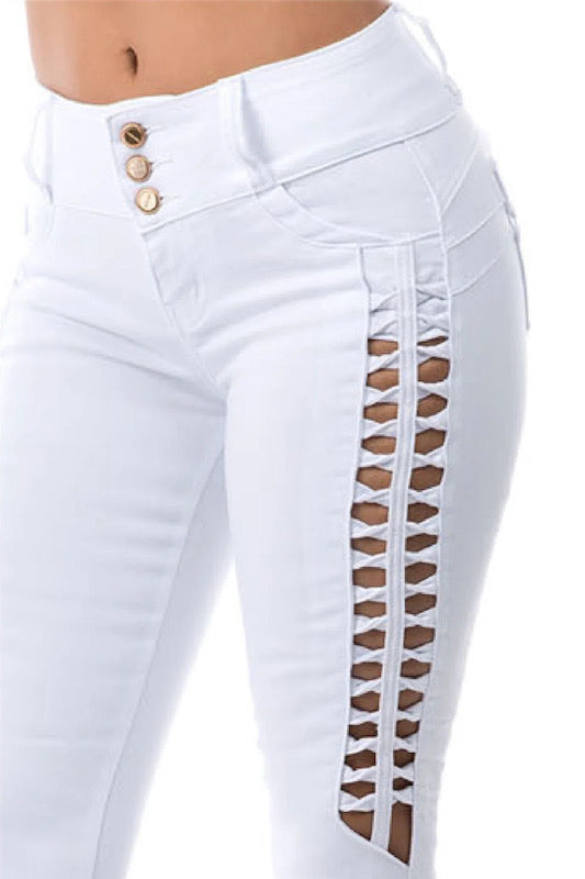 close up of Aria Front Twist Open Jeans in white 
