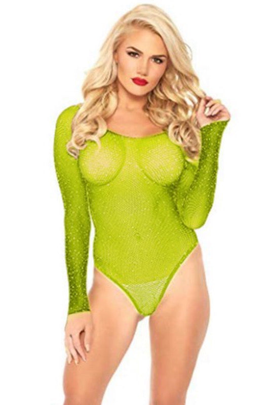 Shimmery Rhinestone Fishnet Bodysuit in neon green color