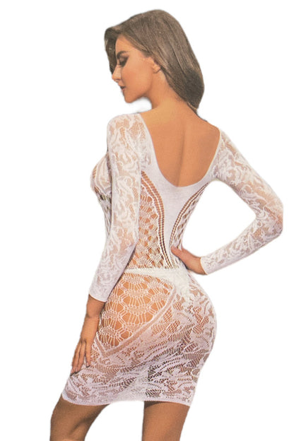 back of Glow in The Dark Vanity Long Sleeve Lace Dress in white color