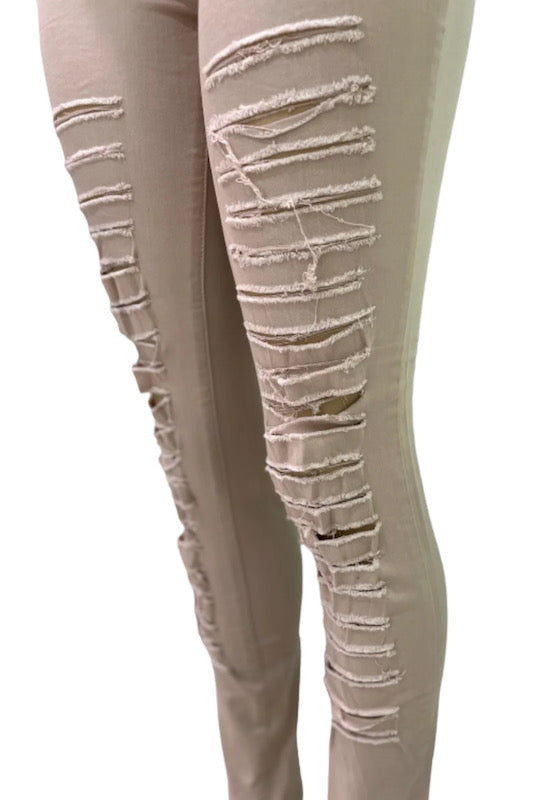 Close up of Jossi Distressed Ladder Jeans in Khaki Color