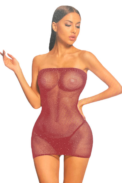 Shiny Stones Rhinestone Fishnet Mesh Tube Dress in burgundy color