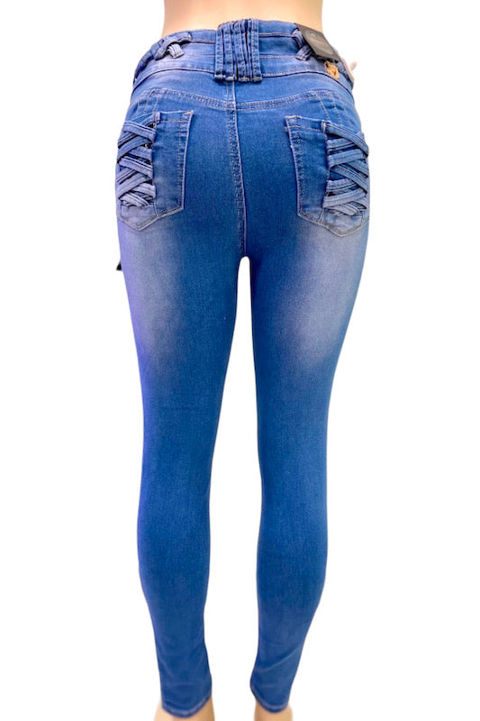 Back of Ava Criss Cross Jeans in Blue