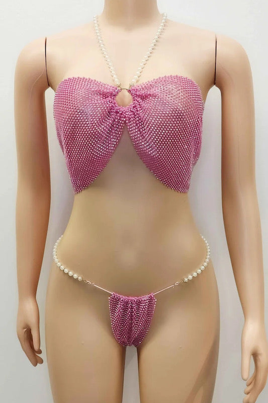 Pearl & Rhinestone Top And Thong Set in Pink Color