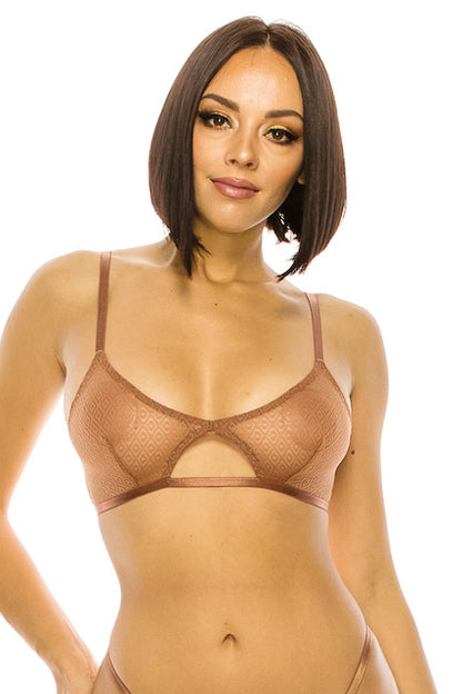 Diamond Lace Mesh Bralette - Brown