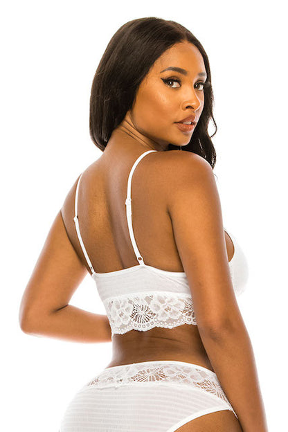 backside of Delicate Lace Trim Bralette in color white