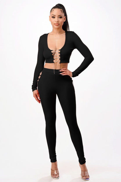 Two Piece Stone Lace up Crop Top Leggings Set - Black