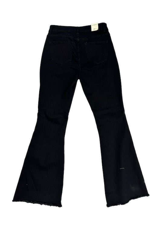 Back of Button Up Leg Flare Jeans W/ Destroyed Hems in Color Black
