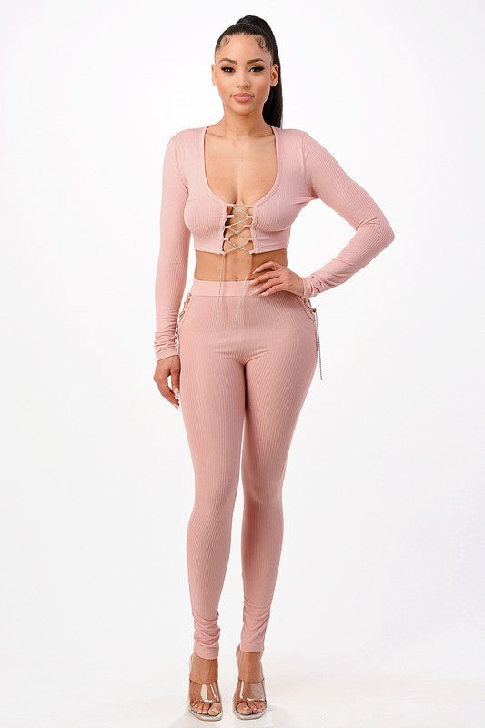 Two Piece Stone Lace up Crop Top Leggings Set - Pink