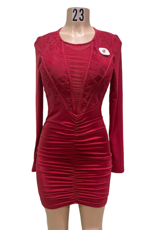 Plunge Ruched Lace & Mesh Insert Bodycon Dress in Burgundy color