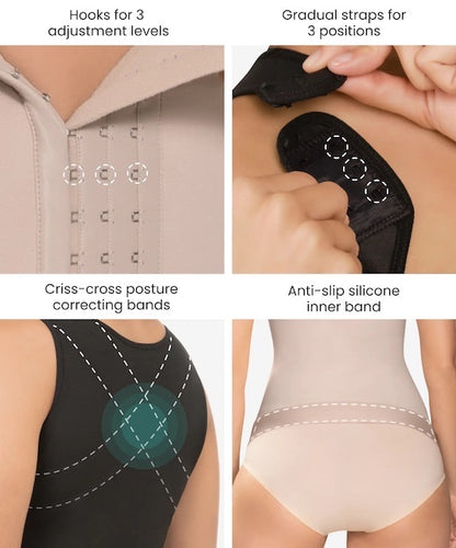 Compressive Posture Corrector Vest - hooks for 3 adjustment levels. Gradual straps for 3 positions. criss-cross posture correcting bands. anti-slip silicone inner band