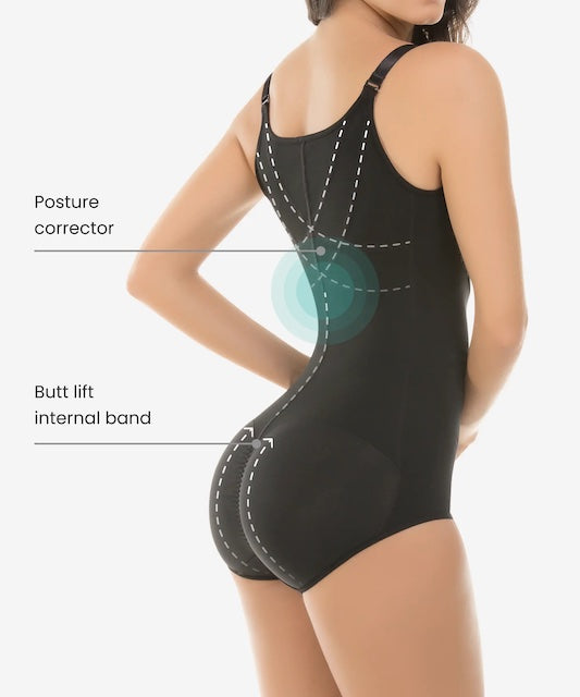 back of Ultra Slimming Body Thong Shaper in black color. posture corrector. Butt lift internal band. 