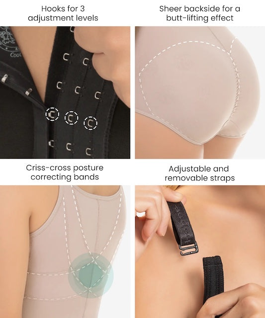 hooks for 3 adjustment levels. Sheer backside for a butt-lifting effect. criss-cross posture correcting bands. Adjustable and removable straps