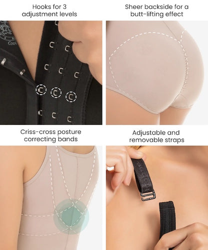 hooks for 3 adjustment levels. Sheer backside for a butt-lifting effect. criss-cross posture correcting bands. Adjustable and removable straps