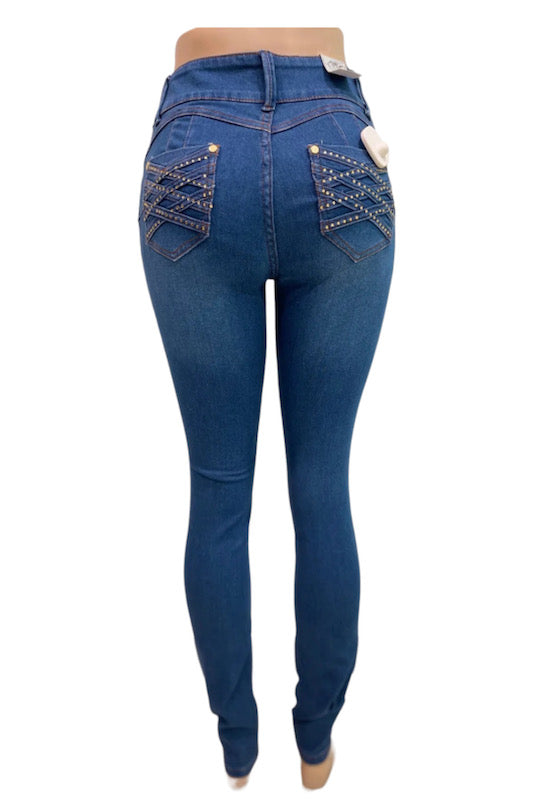 Back of Azulina Studded Ripped Jeans in Blue