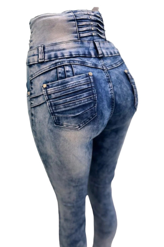 Close up of Cindy Curvy High Rise Jeans in Blue