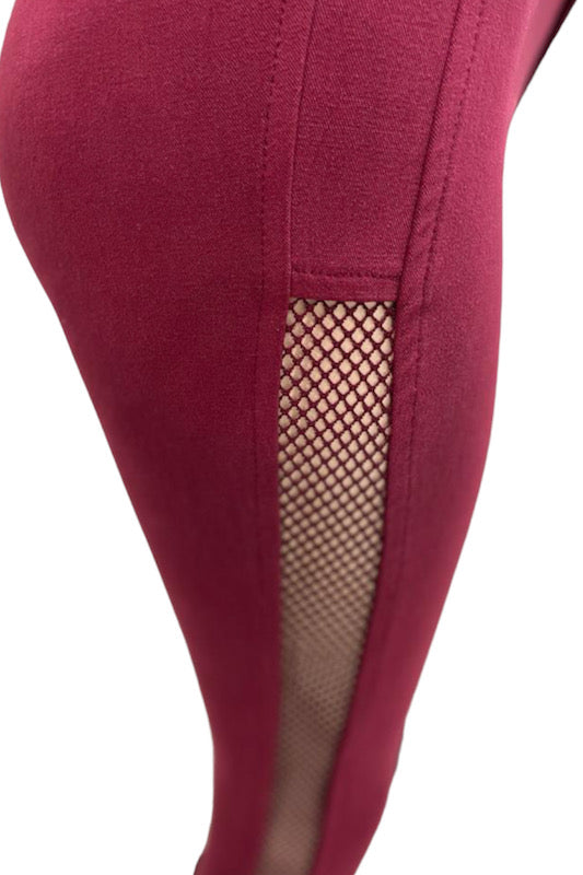 Side Fishnet Pants - Burgundy - Close Up