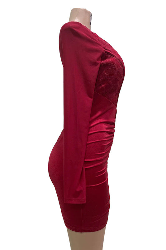 Side of Plunge Ruched Lace & Mesh Insert Bodycon Dress in Burgundy Color