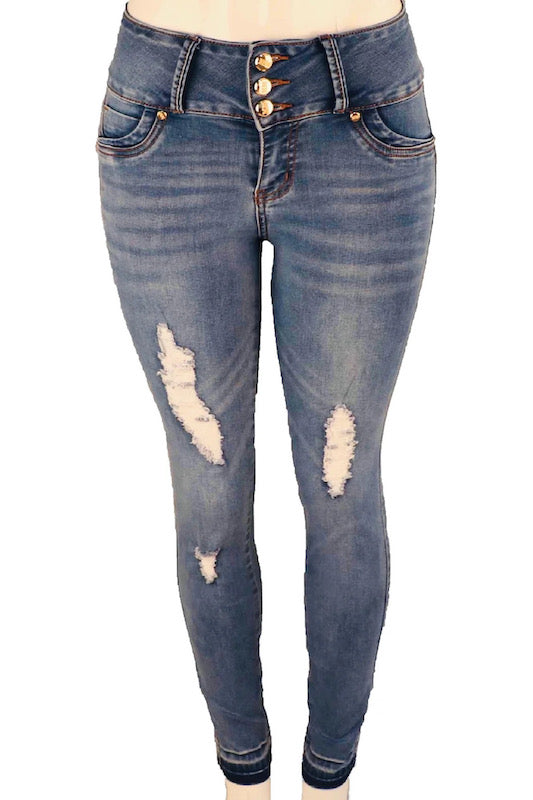 Estrella Mid Rise Distressed Jeans With Rhinestone Pockets