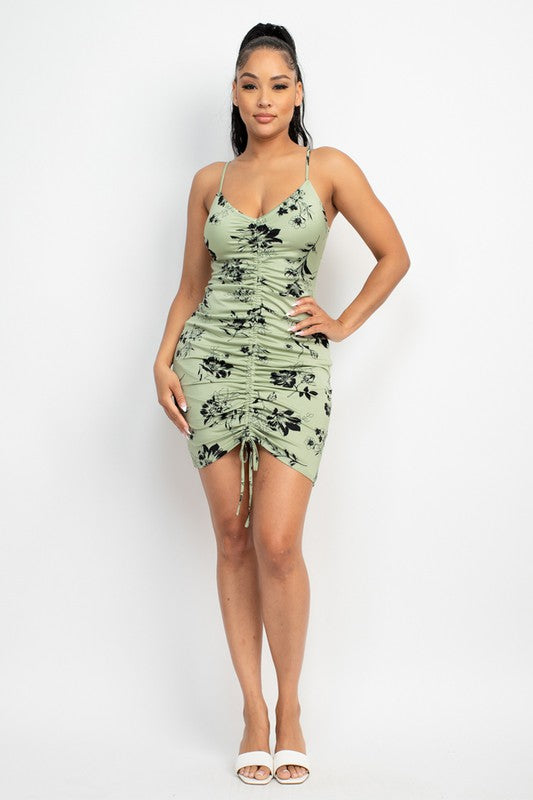Cami Floral Ruched Bodycon Dress - Green