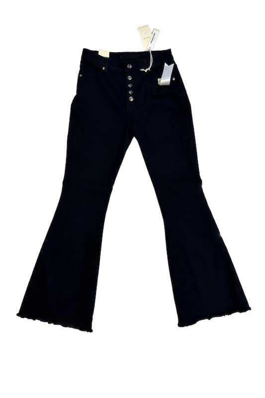 Button Up Leg Flare Jeans W/ Destroyed Hems in color Black 