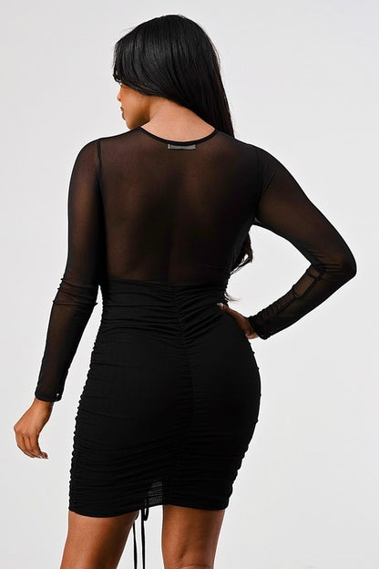 back of Long Sleeve Mesh Ruched Dress in black color