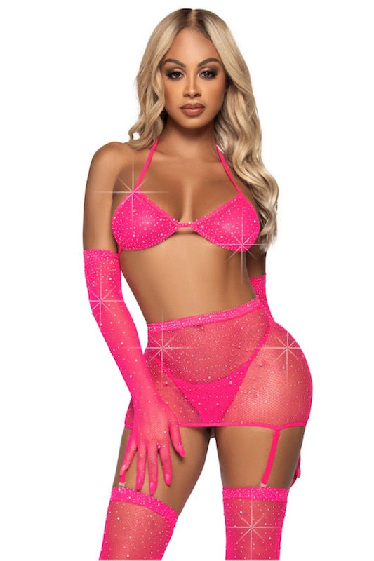 Risk Taker Rhinestone Bra Set in neon pink color