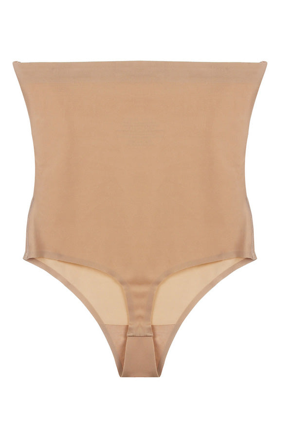 Seamless High Waist Tummy Control Thong With Silicone - Beige