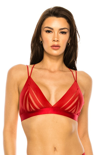 Illusion Mesh Bralette W/ Matching Panty - Red - Bralette 
