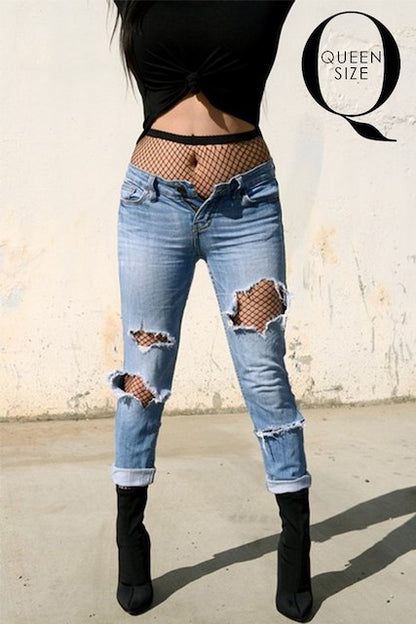 Medium Gauge Fishnet Pantyhose shown on model. Queen Size