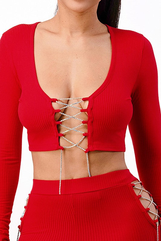 Two Piece Stone Lace up Crop Top Leggings Set - Red - Close Up