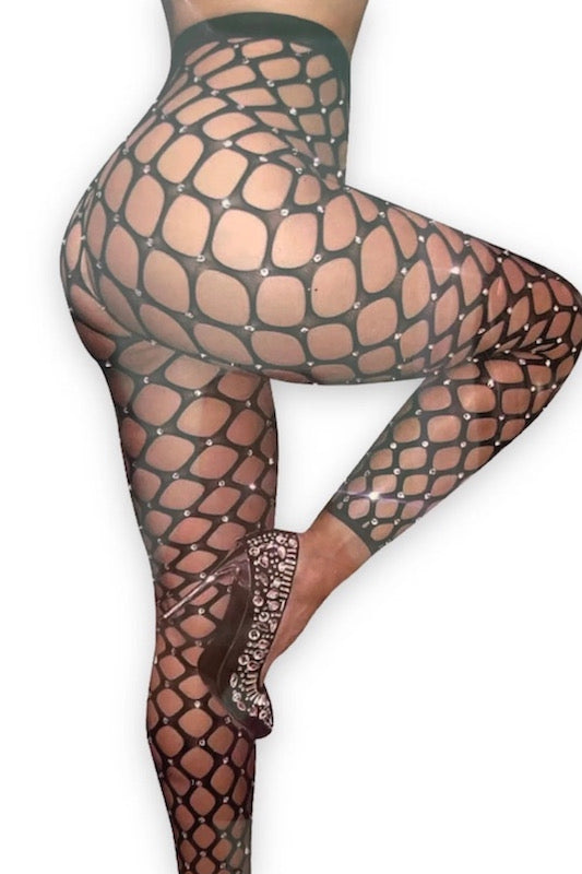 Cindy Love Studded Fishnet Footless Stockings - Black