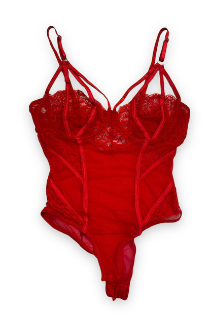Caged Underwire Lace Bodysuit - Red