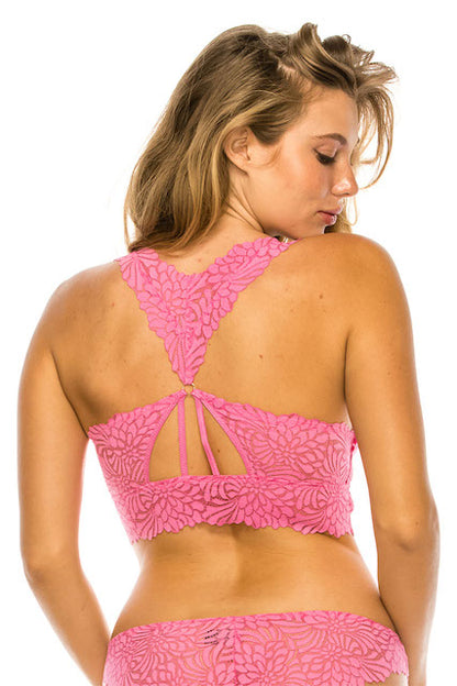 backside of Floral Lace Wire-Free Comfort Bralette in pink color