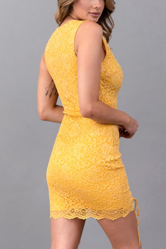 Double Lace Up Lace Dress - Mustard - Back View