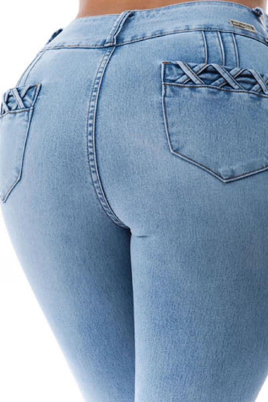 Close up of High Rise Jeans With Crossed Detail Pockets
