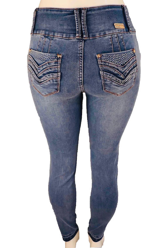 Back of Estrella Mid Rise Distressed Jeans With Rhinestone Pockets