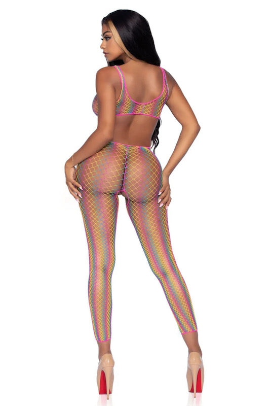 back of Rainbow Dreams Footless Bodystocking on model
