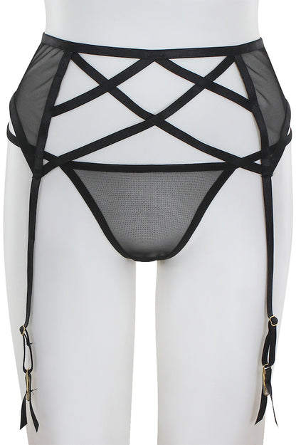 Caged Mesh Garter Belt W/ Thong - Black