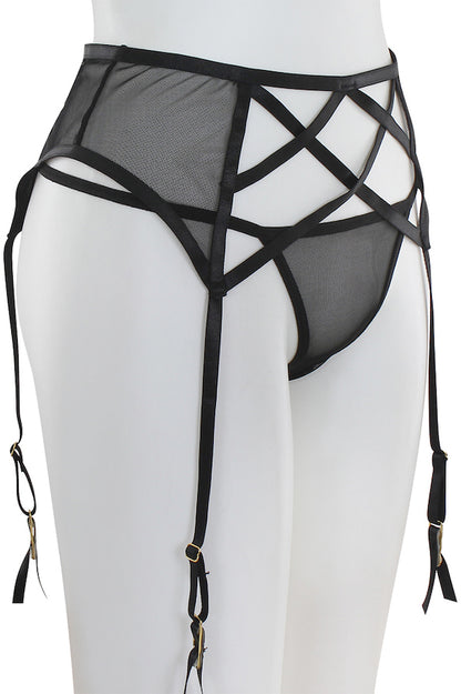 Caged Mesh Garter Belt W/ Thong - Black