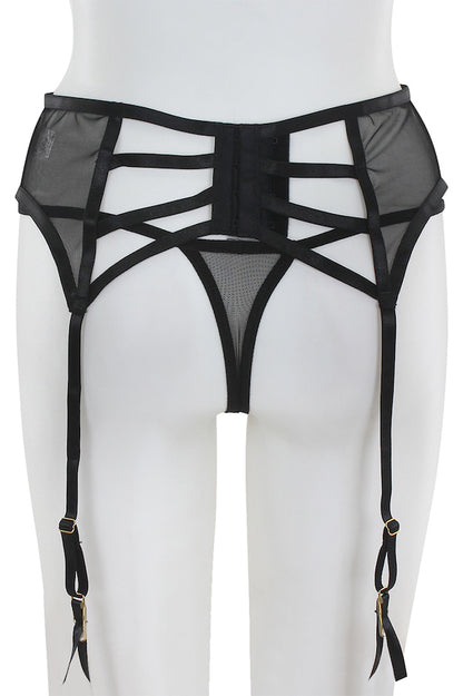 Caged Mesh Garter Belt W/ Thong - Black - Back View