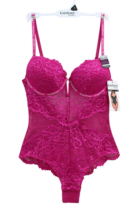 Logo Push Up Bustier Lace Teddy in fuchsia color
