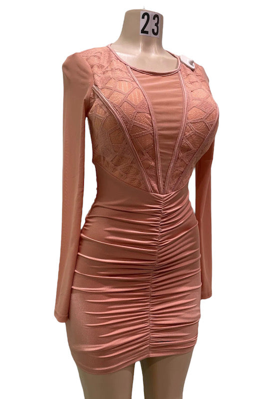 Plunge Ruched Lace & Mesh Insert Bodycon Dress in Champagne Clay Color