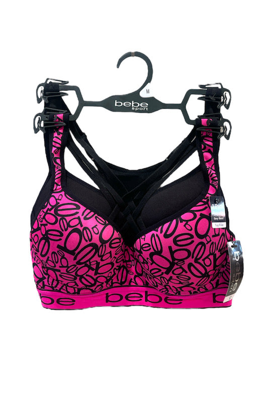 Bebe Logo Caged Sports Bras - Black/Pink