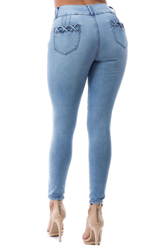 Back of High Rise Jeans With Crossed Detail Pockets