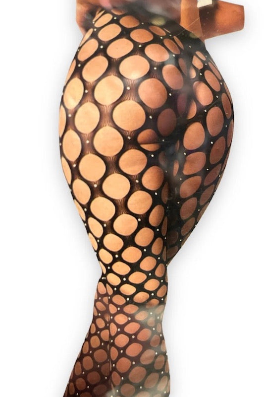 back of Cindy Love Studded Fishnet Footless Stockings - Black
