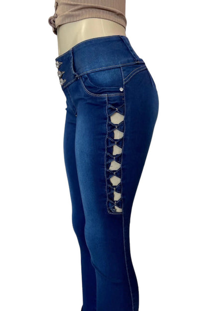 Side of In a Bow Open Cut Jeans in Navy color