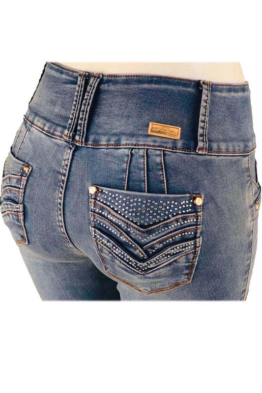 Back of Estrella Mid Rise Distressed Jeans With Rhinestone Pockets