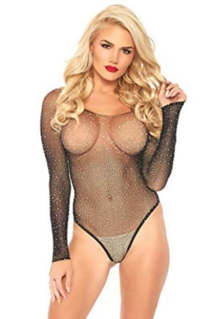Shimmery Rhinestone Fishnet Bodysuit in black color