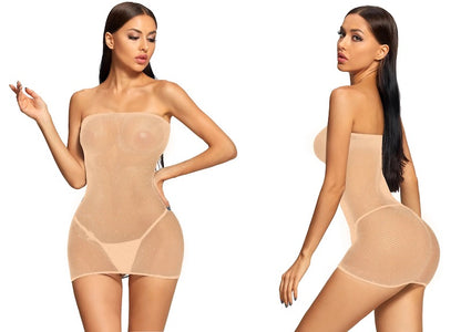Shiny Stones Rhinestone Fishnet Mesh Tube Dress in beige color
