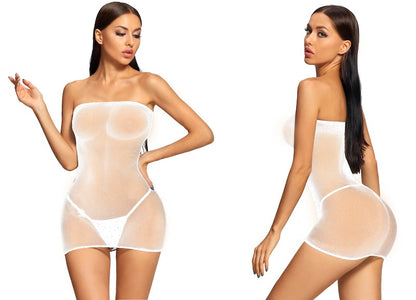 Shiny Stones Rhinestone Fishnet Mesh Tube Dress in white color